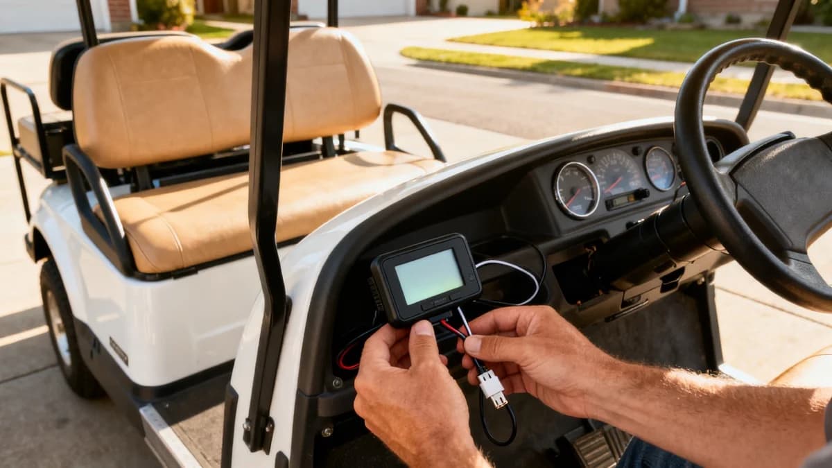 Golf cart dashboard with a compact GPS speedometer installed above the steering wheel