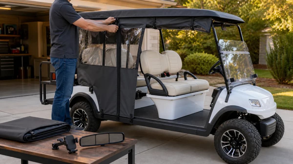 White four-forward golf cart with a technician installing a fitted soft enclosure beside phone and mirror accessories
