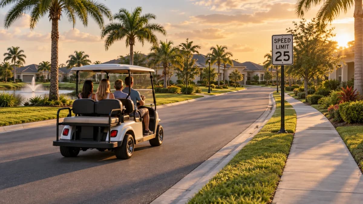 Four-seat electric golf cart on a palm-lined Florida neighborhood street beside a 25 mph speed-limit sign