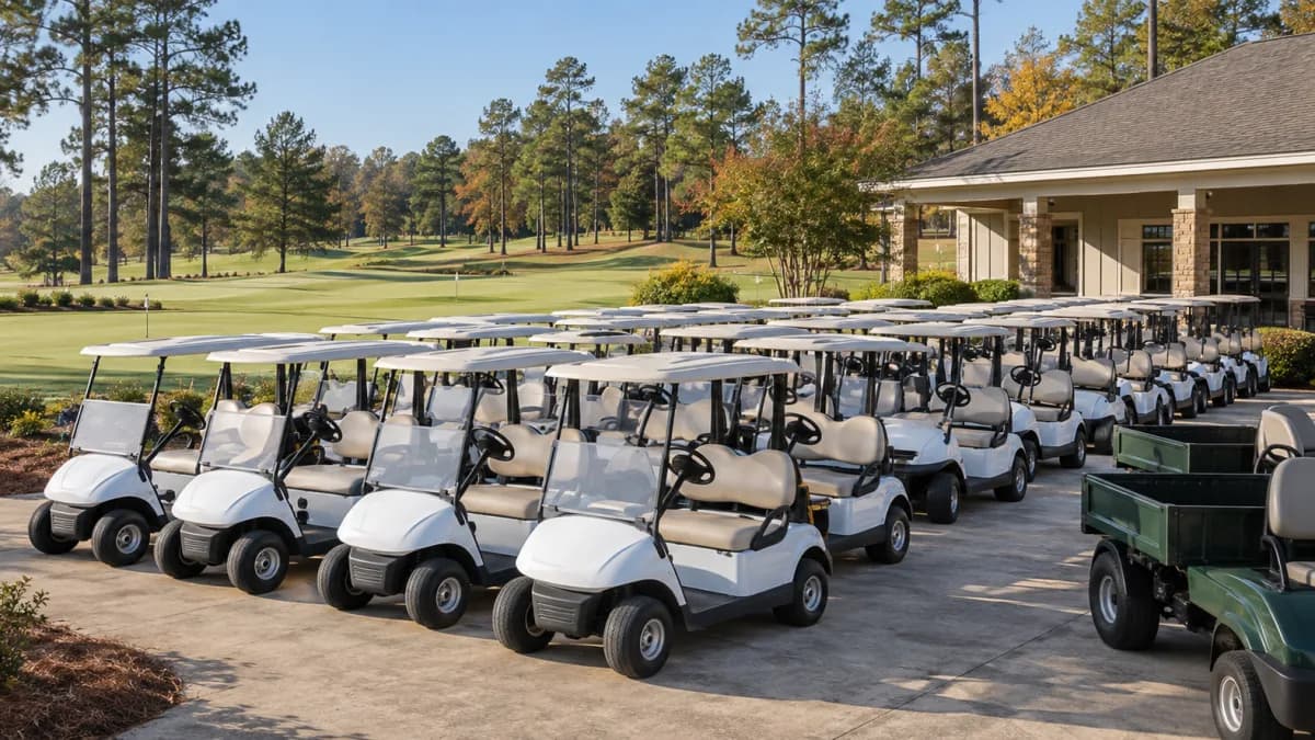 Rows of white golf carts and green cargo-bed utility carts parked beside a pine-lined public golf course