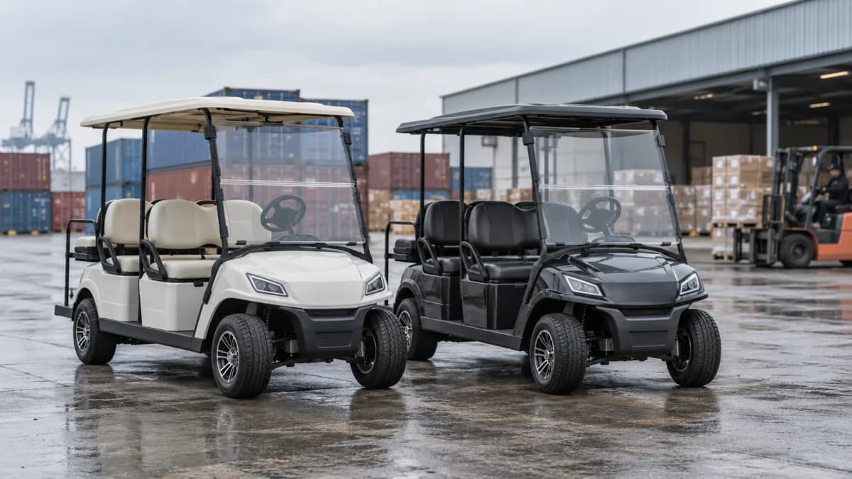White and charcoal golf carts in a freight yard beside shipping containers and a loading warehouse