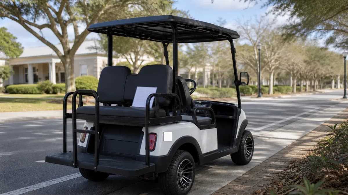 Four-seat golf cart with a blank registration decal parked on a Mississippi Gulf Coast-style street