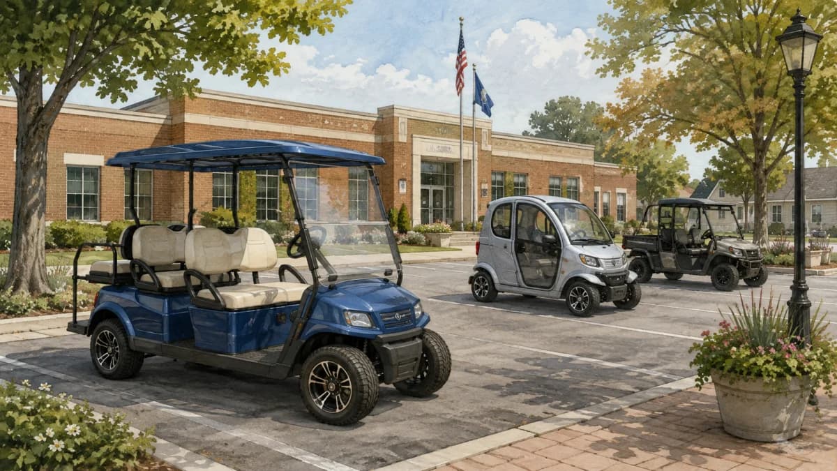 Illustration of a blue golf cart parked near an enclosed low-speed vehicle and utility side-by-side
