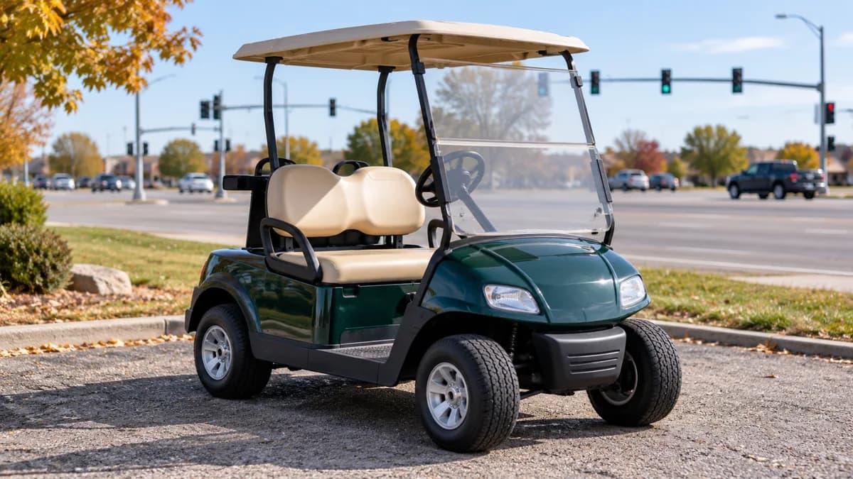 Unoccupied green golf cart parked in a paved pull-off with a highway traffic signal in the background