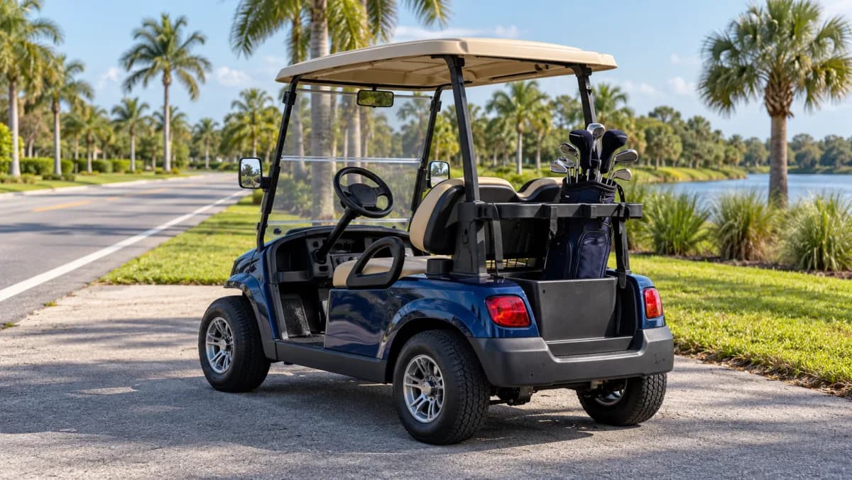 Blue two-seat golf cart parked on a paved turnout beside a palm-lined community road