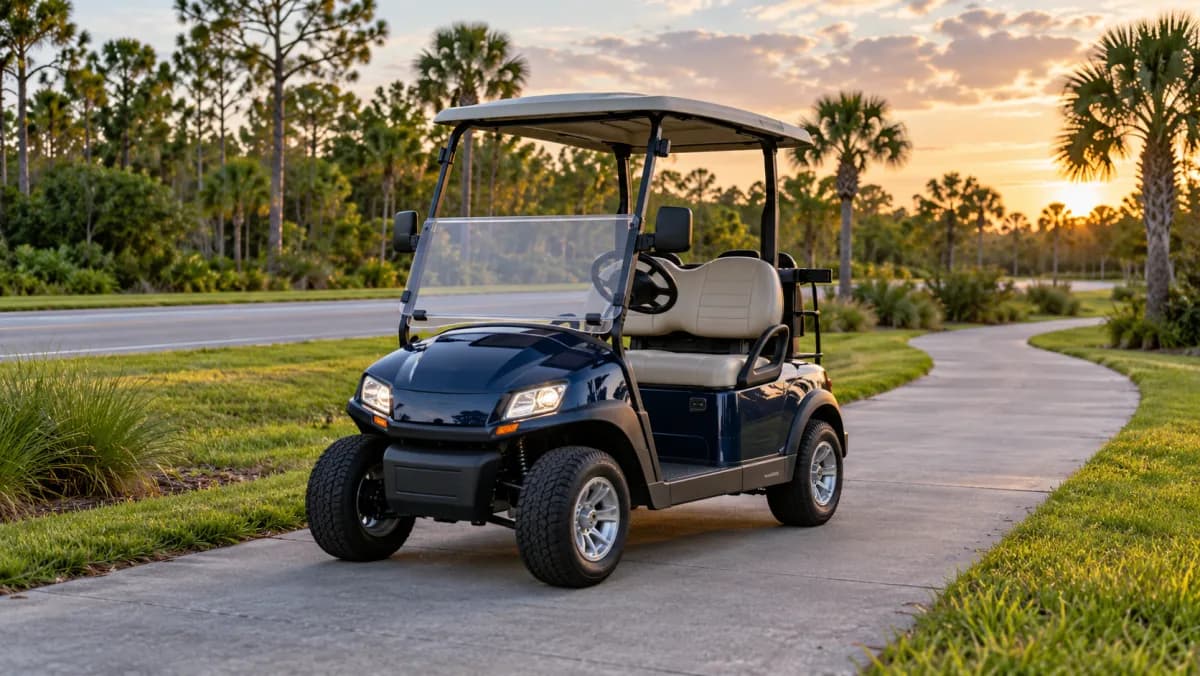 Dark blue two-seat golf cart with headlights and a windshield on a paved path beside palms at sunset