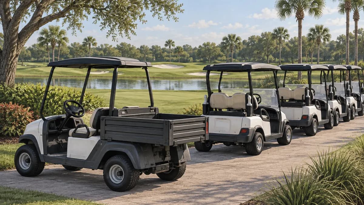 White golf carts and a cargo-bed utility cart parked beside a palm-lined golf course