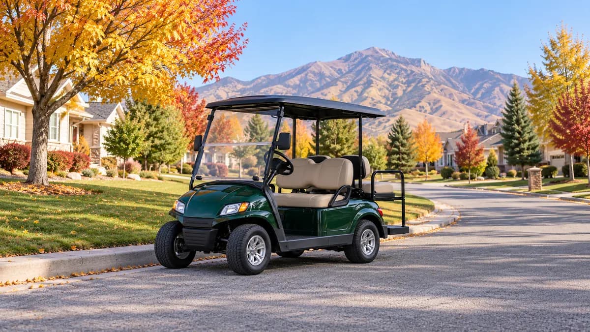 Green four-seat golf cart parked beside a curb with autumn trees, houses and mountains in the background