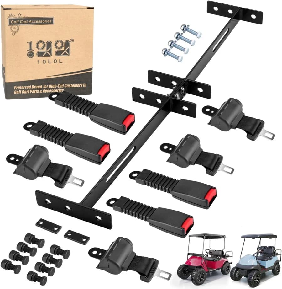 Four passenger golf cart seat belt kit with bracket for front and rear seats