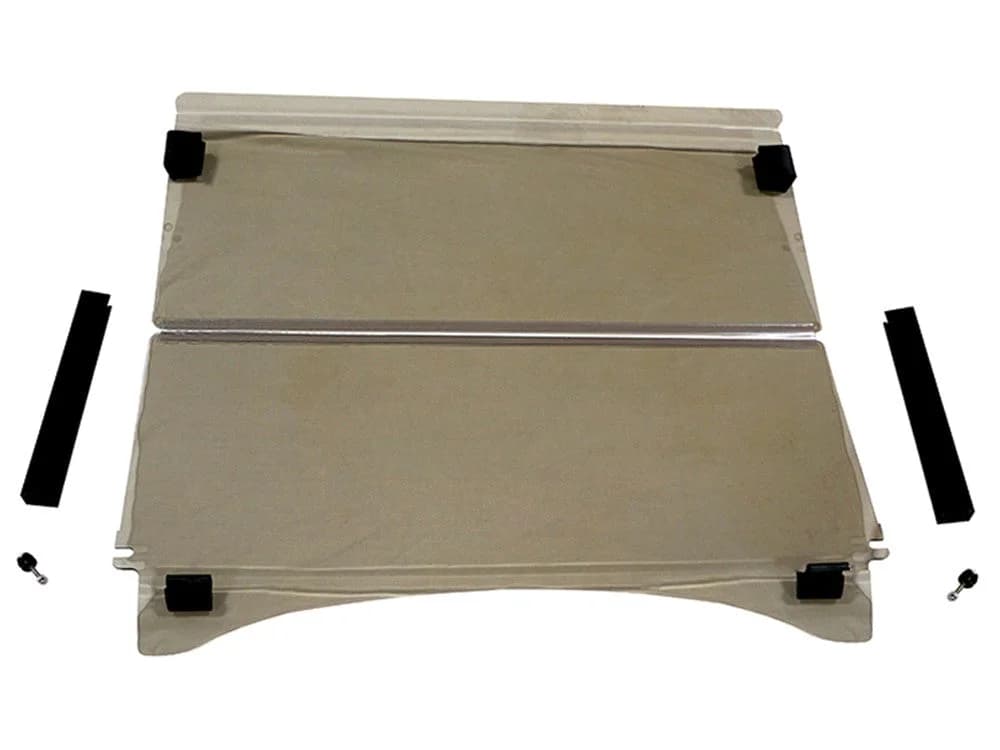 Tinted fold-down Club Car Precedent golf cart windshield product photo with mounting hardware