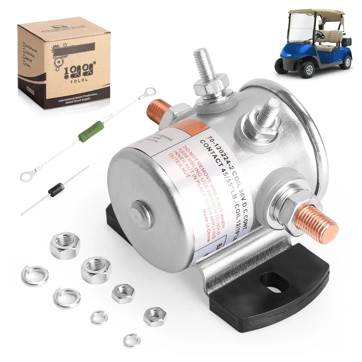 E-Z-GO 36V golf cart solenoid kit with resistor and diode for solenoid replacement planning