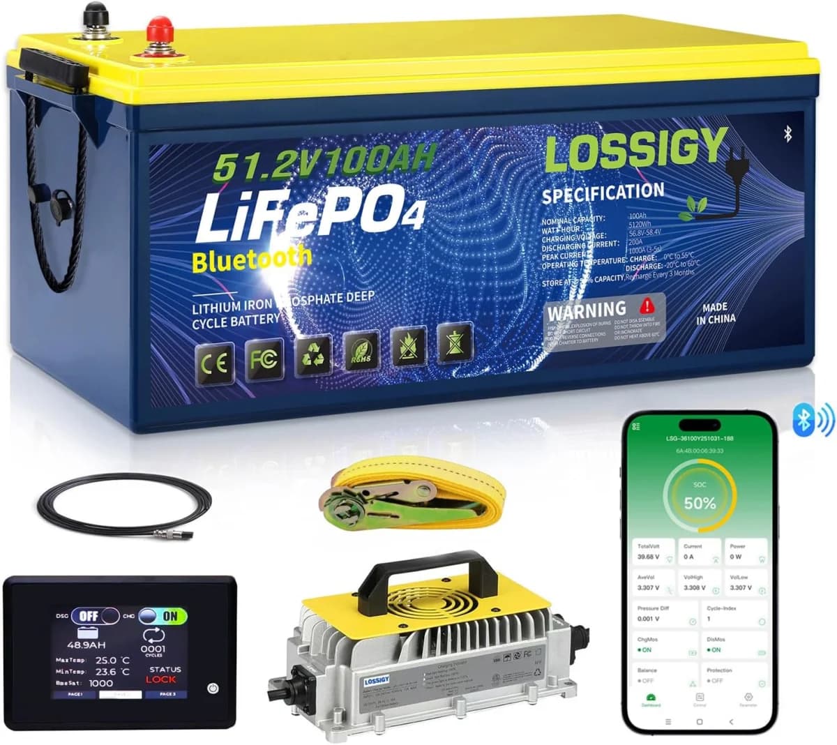 LOSSIGY 48V 100Ah lithium golf cart battery with charger, monitor, and Bluetooth app