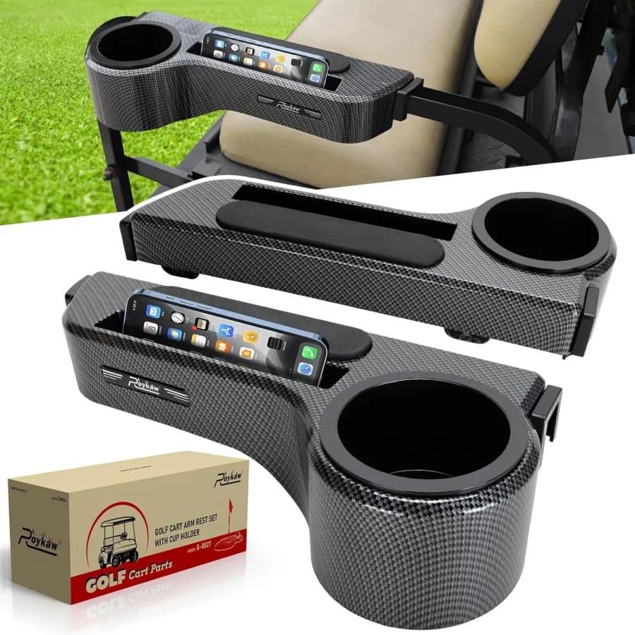 Roykaw golf cart rear armrest with cup holder and phone holder for compatible square tube rails
