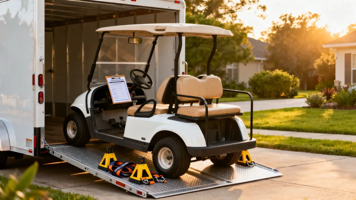 Golf cart being inspected beside an enclosed vehicle transport trailer before nationwide shipping