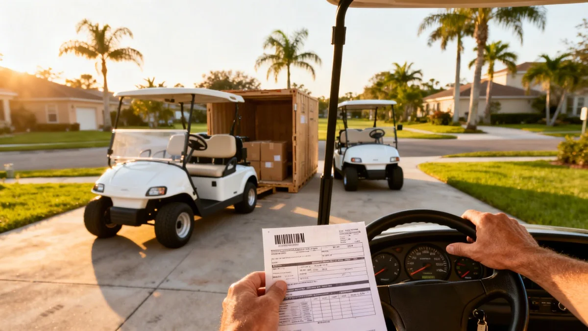 Chinese golf carts lined up on a suburban driveway as a buyer compares paperwork and features at golden hour
