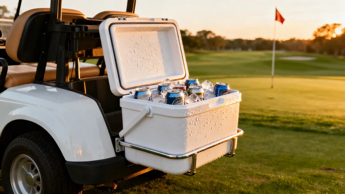 Hard-sided cooler mounted on a golf cart rear fender with cold drinks visible inside on a sunny golf course
