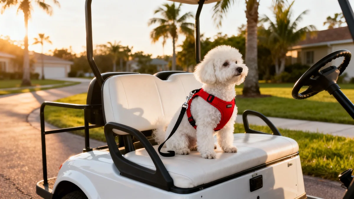 Small dog wearing a safety harness sitting securely in a golf cart seat with accessories