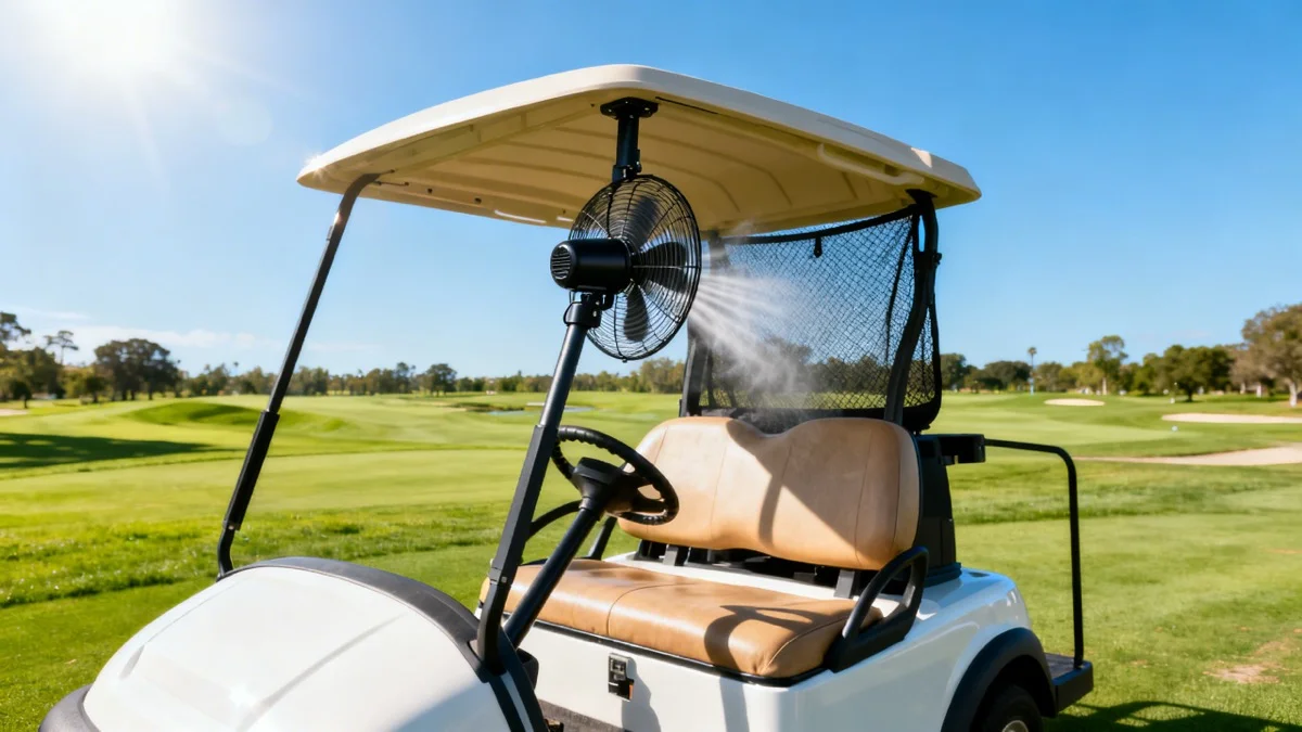 Golf cart with clip-on fan and sun shade parked on a sunny golf course