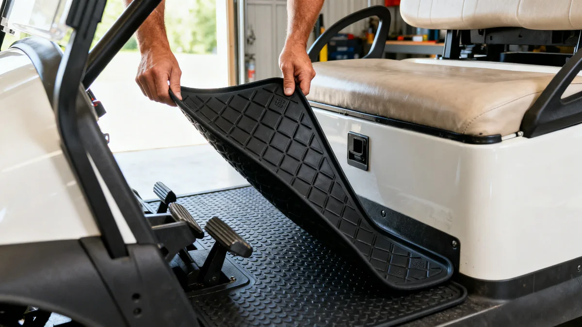 Custom-fit rubber floor mat installed in a white golf cart showing diamond pattern texture and snug fitment around pedals