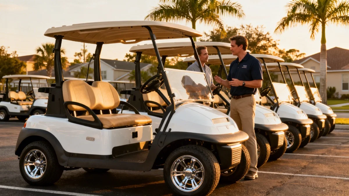 White golf carts lined up for sale at golden hour on a suburban-style dealer lot as a buyer compares options