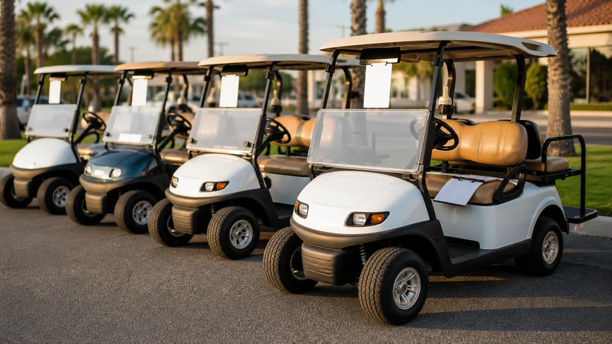 Used golf cart models lined up on a dealer lot with inspection clipboard and price tags
