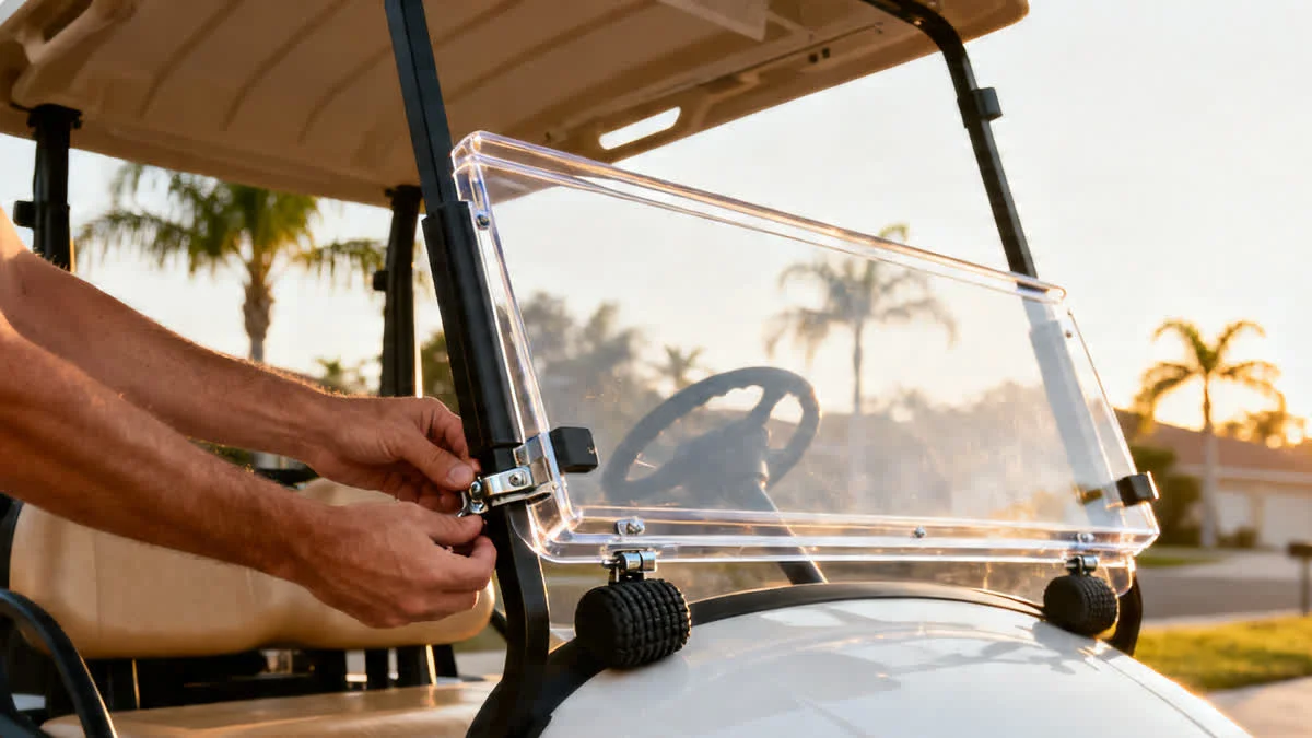 Fold-down windshield being fitted to a white EZGO TXT golf cart in a sunny suburban driveway