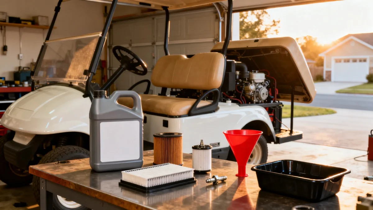 Gas golf cart tune-up supplies with oil, filters, and spark plug beside a white golf cart in a garage