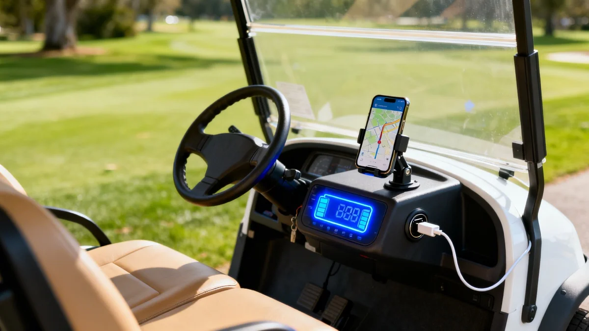 Golf cart dashboard with a digital battery gauge, phone mount, and USB charger port on a sunny golf course