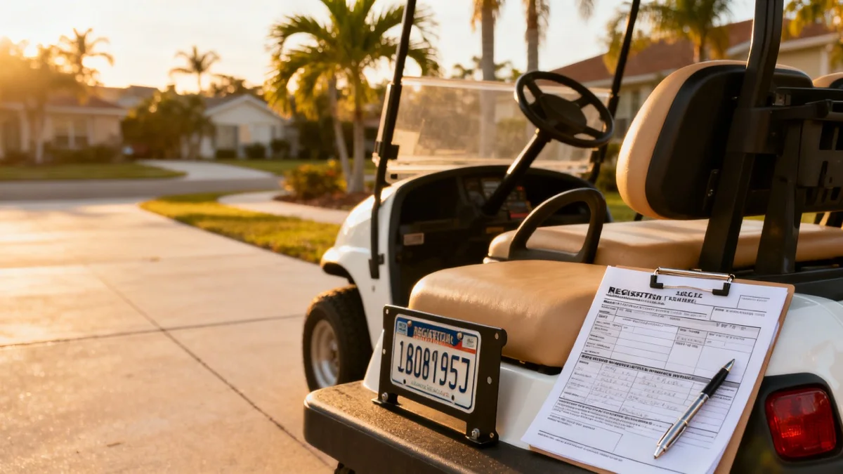 Street-legal golf cart parked in a neighborhood with a visible rear plate and registration paperwork on the seat