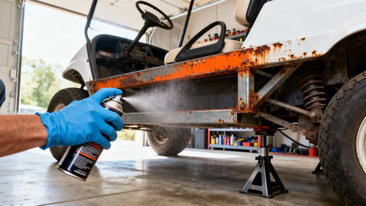 Golf cart frame and undercarriage being sprayed with rust prevention coating in a garage workshop