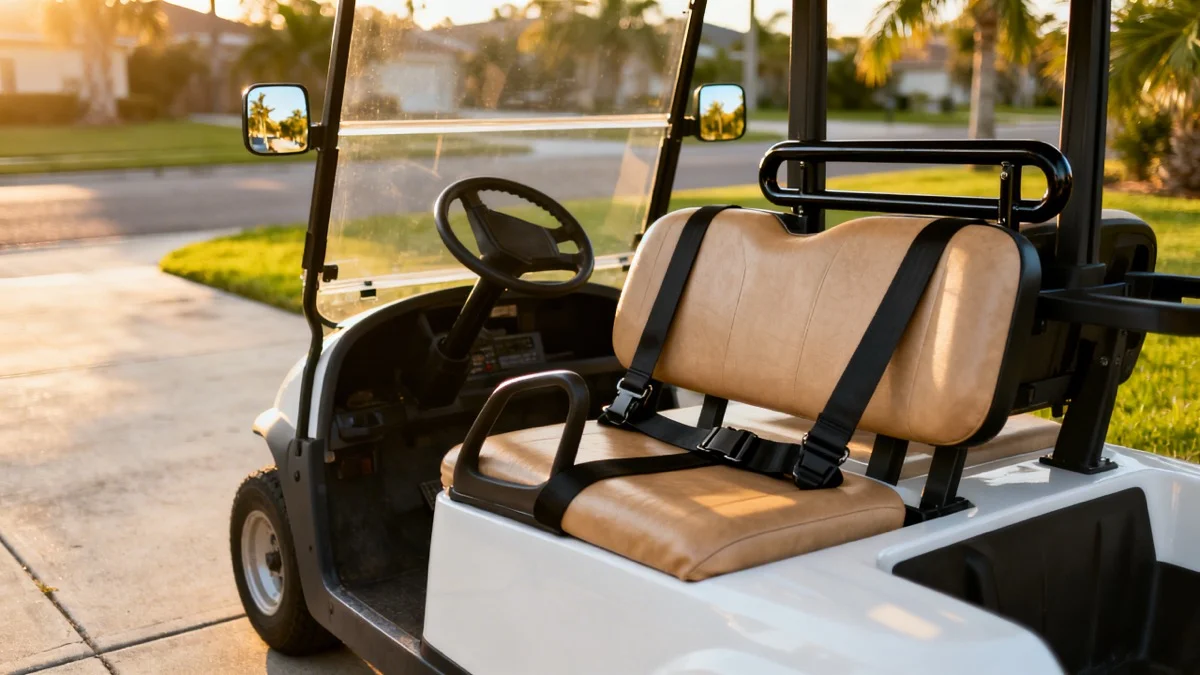 Family riding a white golf cart safely through a sunny neighborhood with palm trees