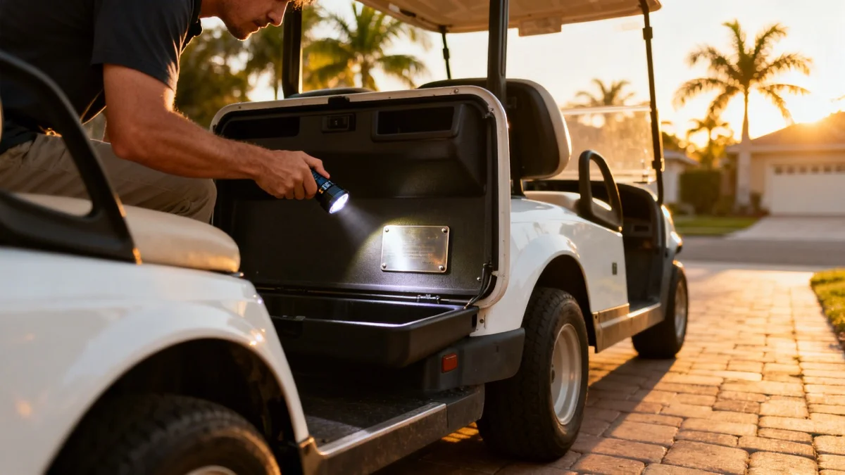Golf cart serial number plate close-up showing manufacturer identification data