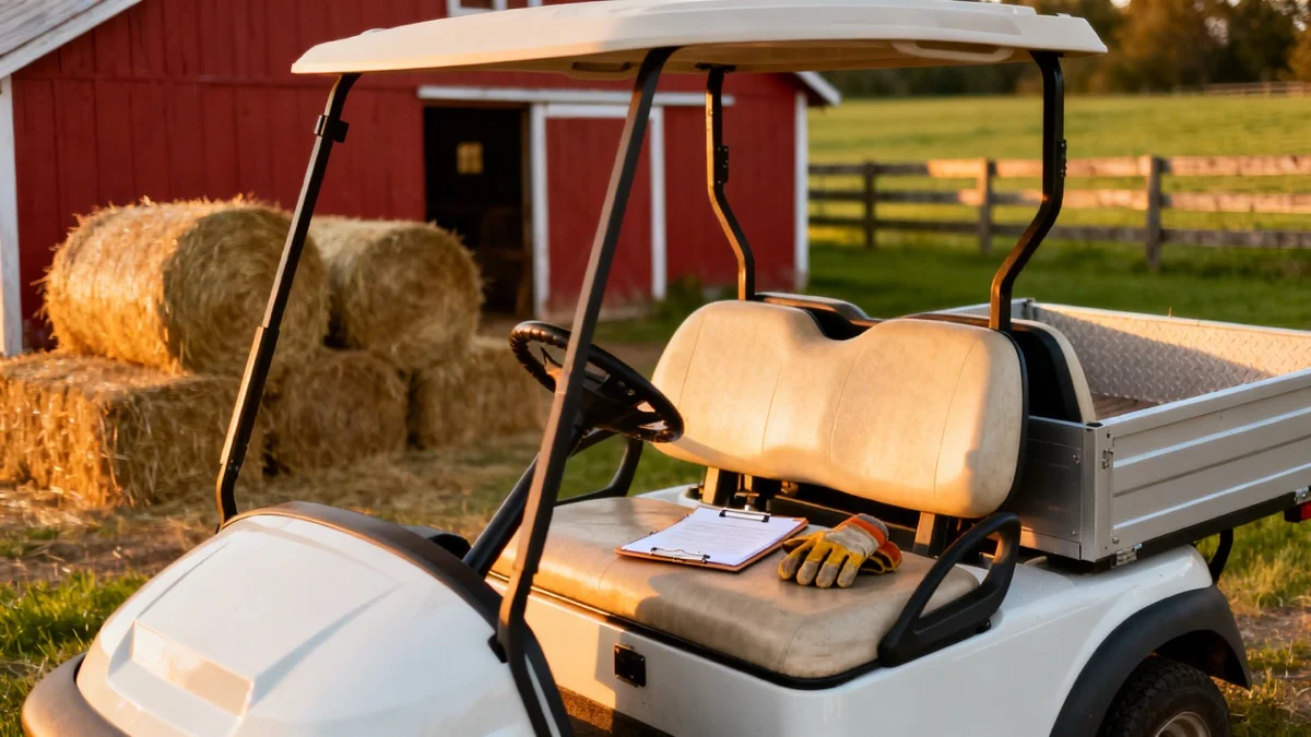 Golf cart parked at a farm property with business equipment, illustrating tax deduction eligibility
