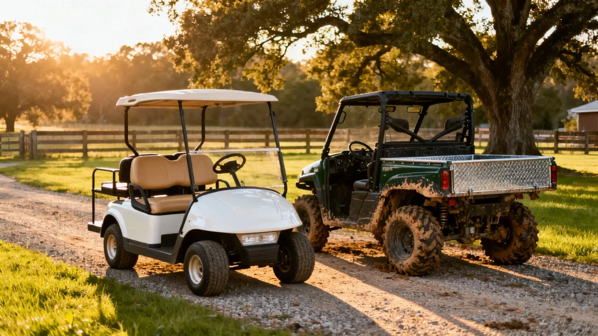 Golf cart and UTV side by side on a rural property driveway