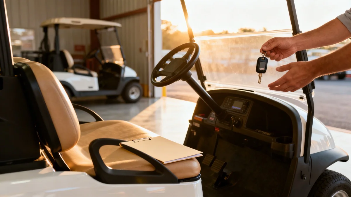 Golf cart delivery scene with keys being handed over and a blank folder on the seat of a new neighborhood cart
