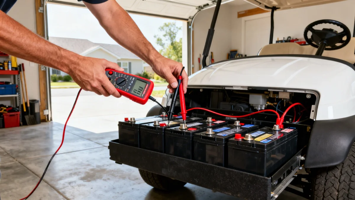 Golf cart owner diagnosing starting problems with a multimeter in a garage workshop