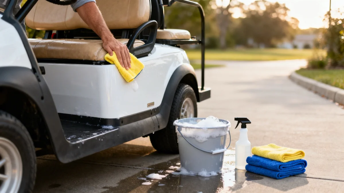 Cleaning supplies and microfiber cloths next to a white golf cart in a driveway