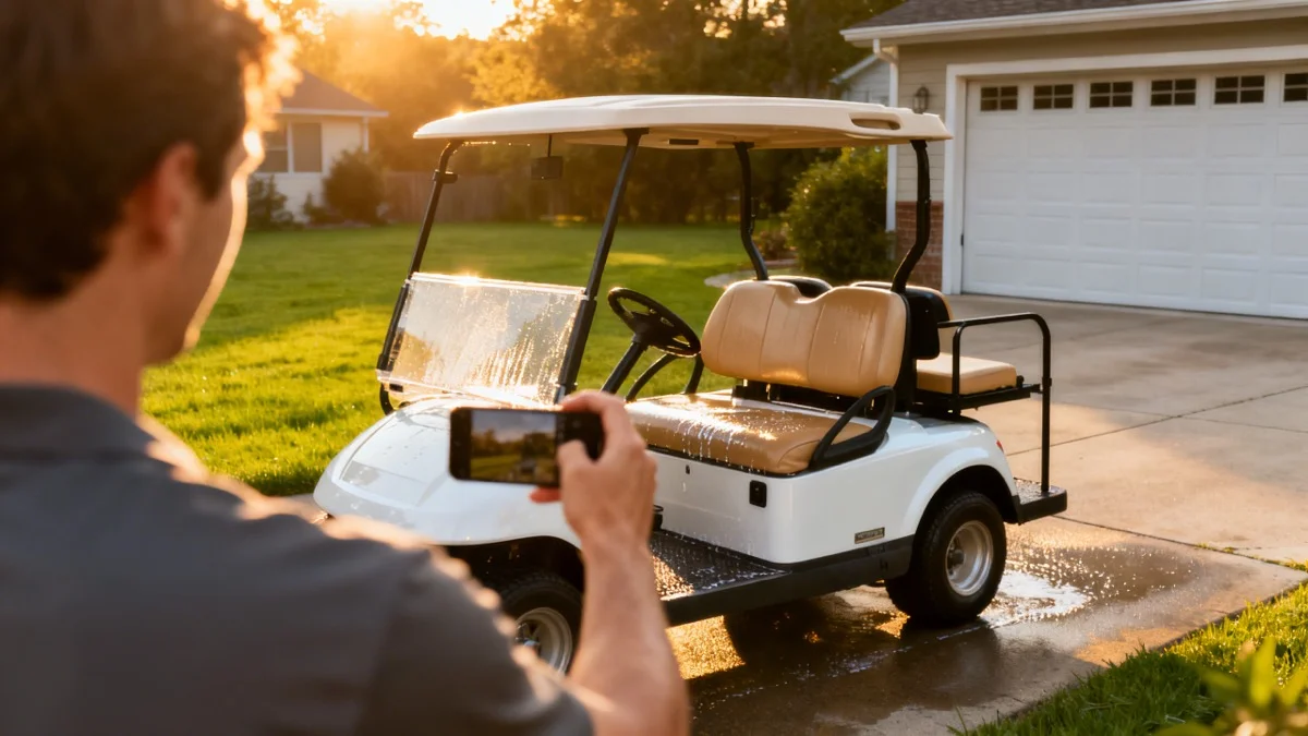 Clean white golf cart with a for sale sign on a driveway being photographed with a smartphone