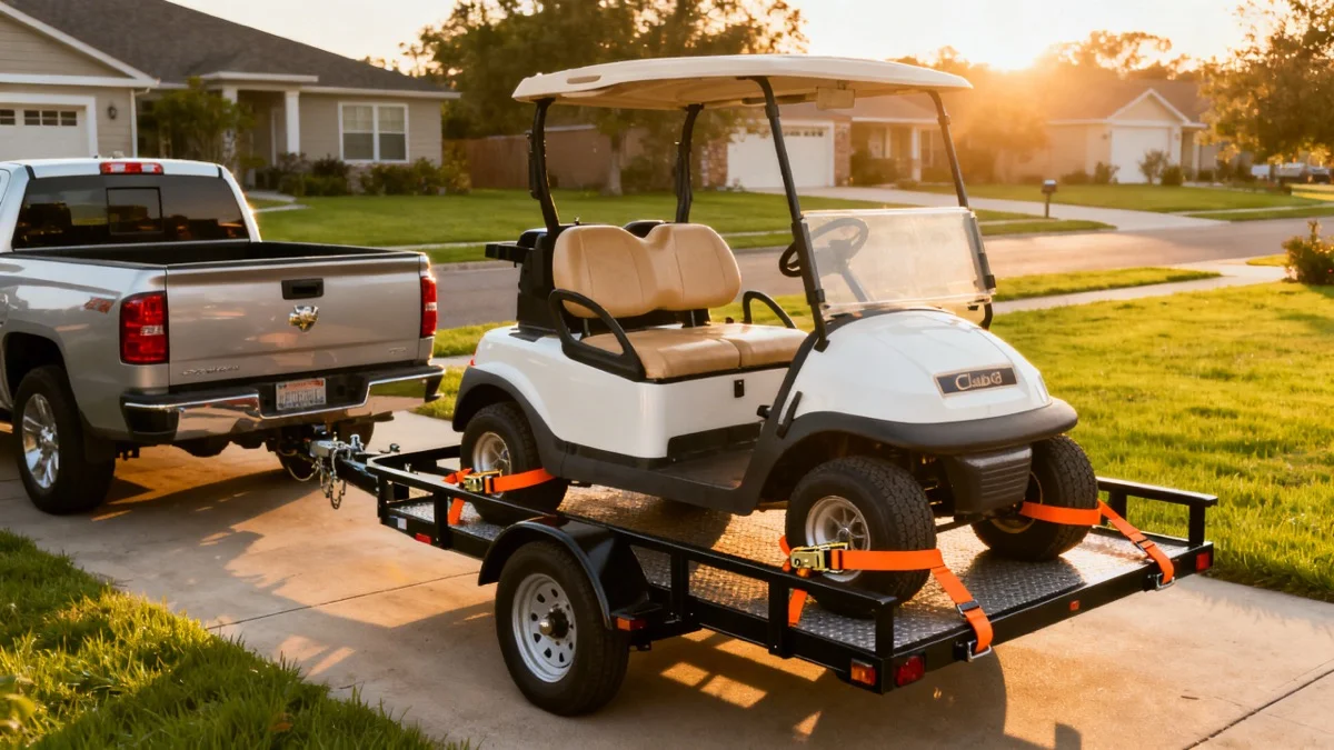 Golf cart secured on a utility trailer with ratchet straps in a driveway