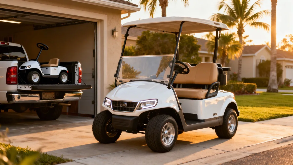 White Kandi golf cart parked on a suburban driveway at golden hour with another compact Kandi cart nearby