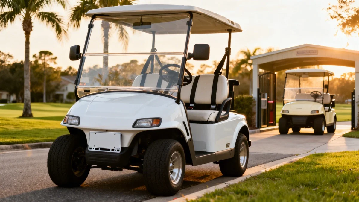 LSV and standard golf cart parked side by side on a neighborhood street at golden hour showing windshield, mirrors, and road-ready equipment differences