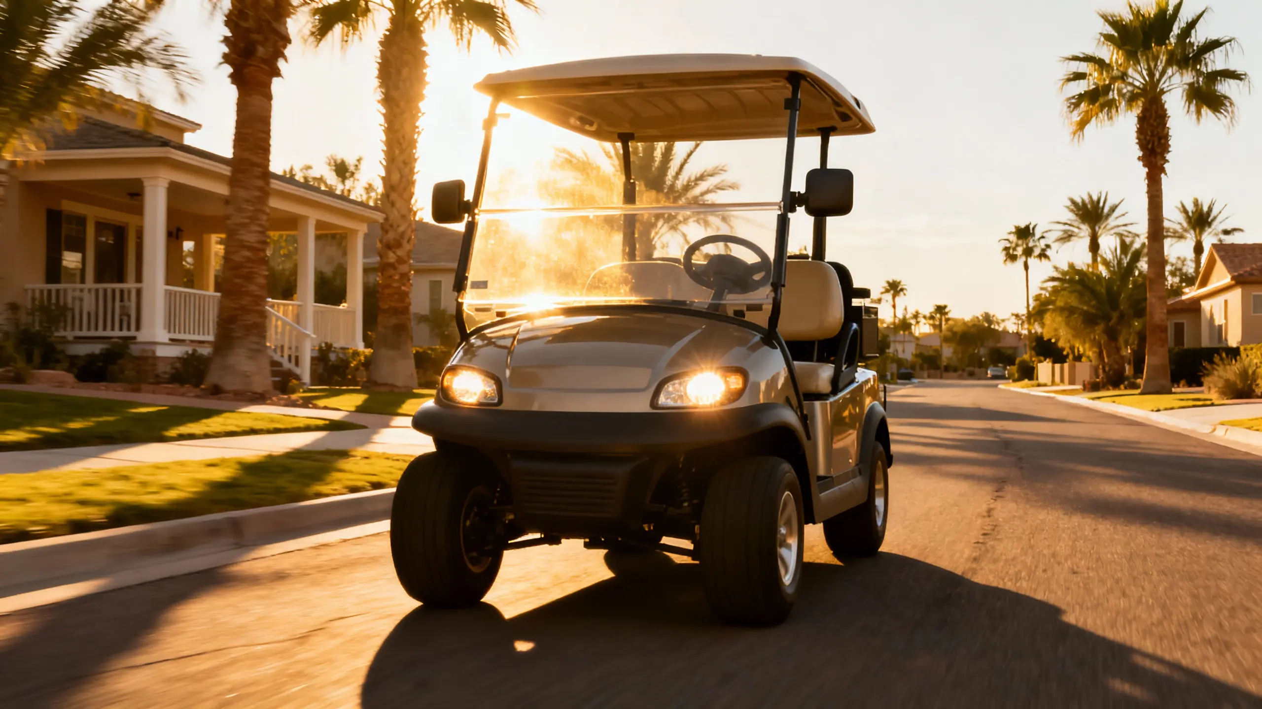 Street legal golf cart with headlights, turn signals, and mirrors driving on a residential road