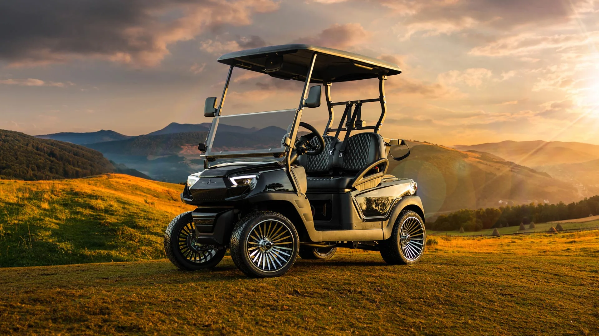 Atlas golf cart hero image showing a premium neighborhood golf cart with upscale styling